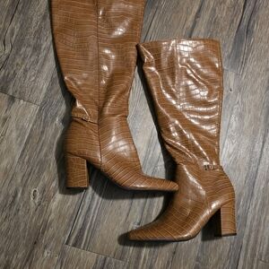 Brown Croc-Embossed Knee-High Boots